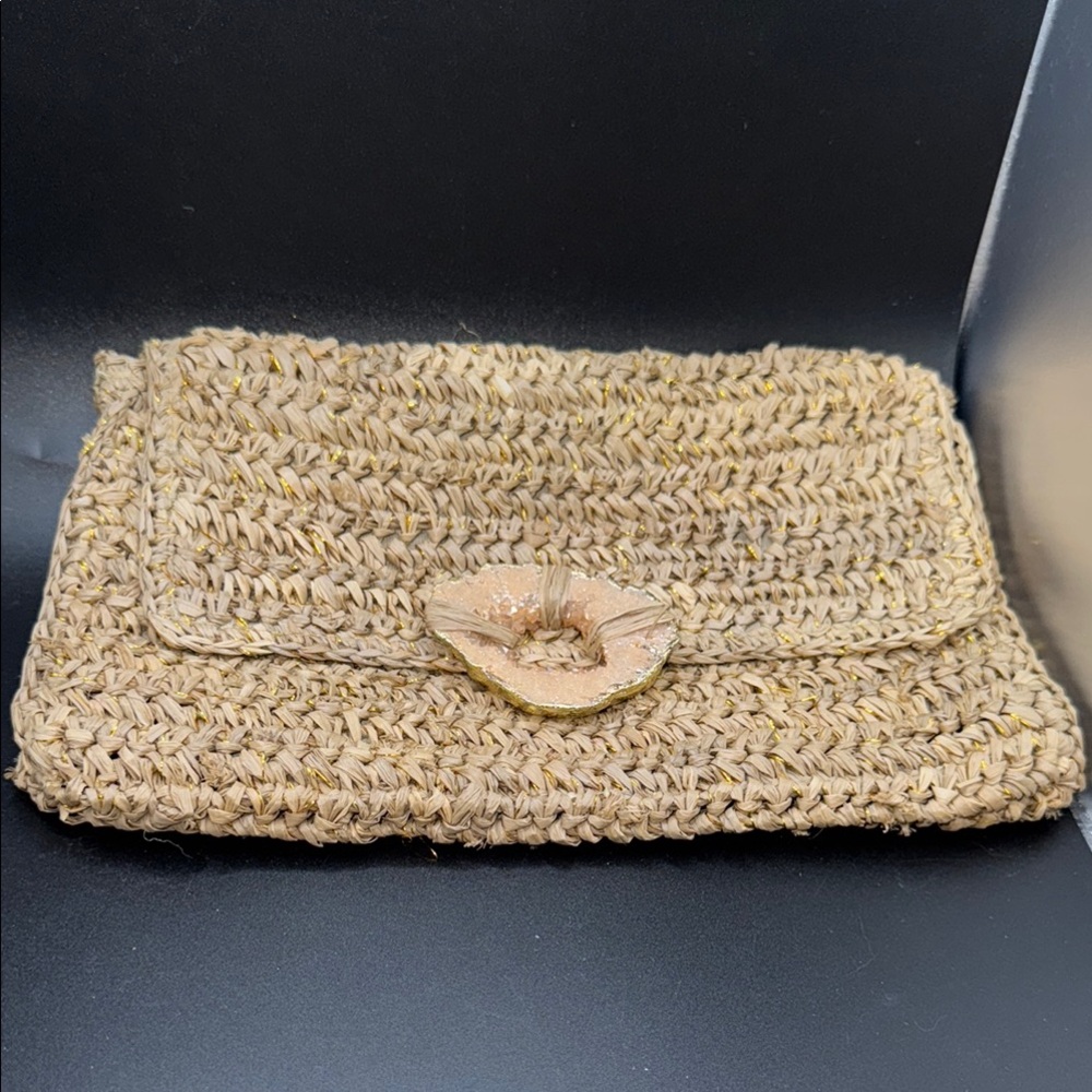 Tommy Bahama Raffia Metallic Stone accent Woven Bag Tan Clutch - Picture 8 of 8